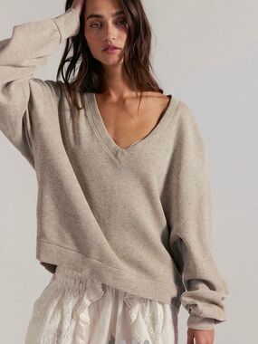 Free People Off-Shoulder V-Neck Sweater in Light Beige